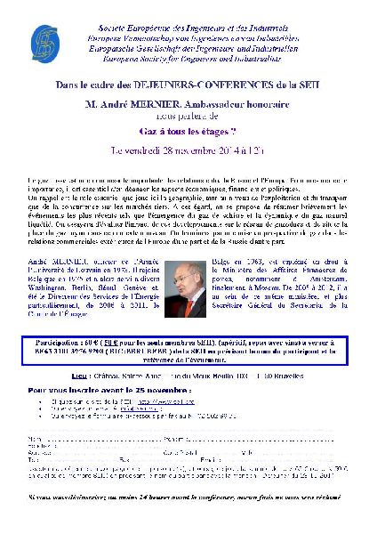 Invitation conférence SEII. « Gaz à tous les étages » par André Mernier. 2014-11-28